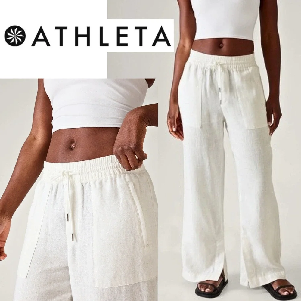 Athleta, White 100% Linen Blend Wide Leg Pants Size 16 Elastic Waist Drawstring